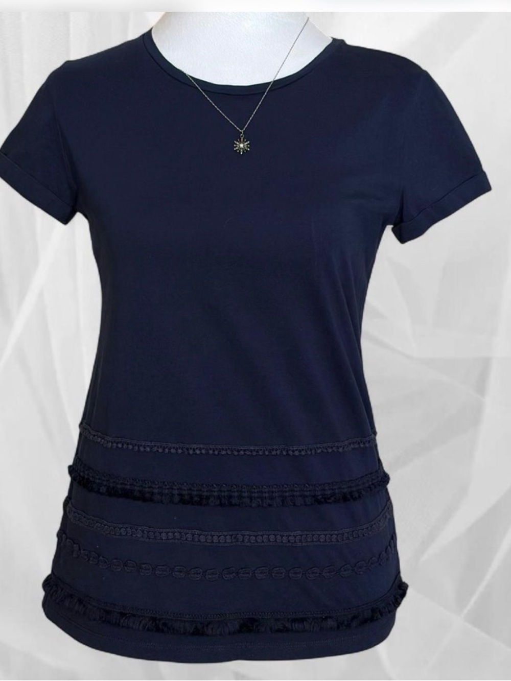 Ann Taylor Navy Short Sleeve Tee with Fringe Trim